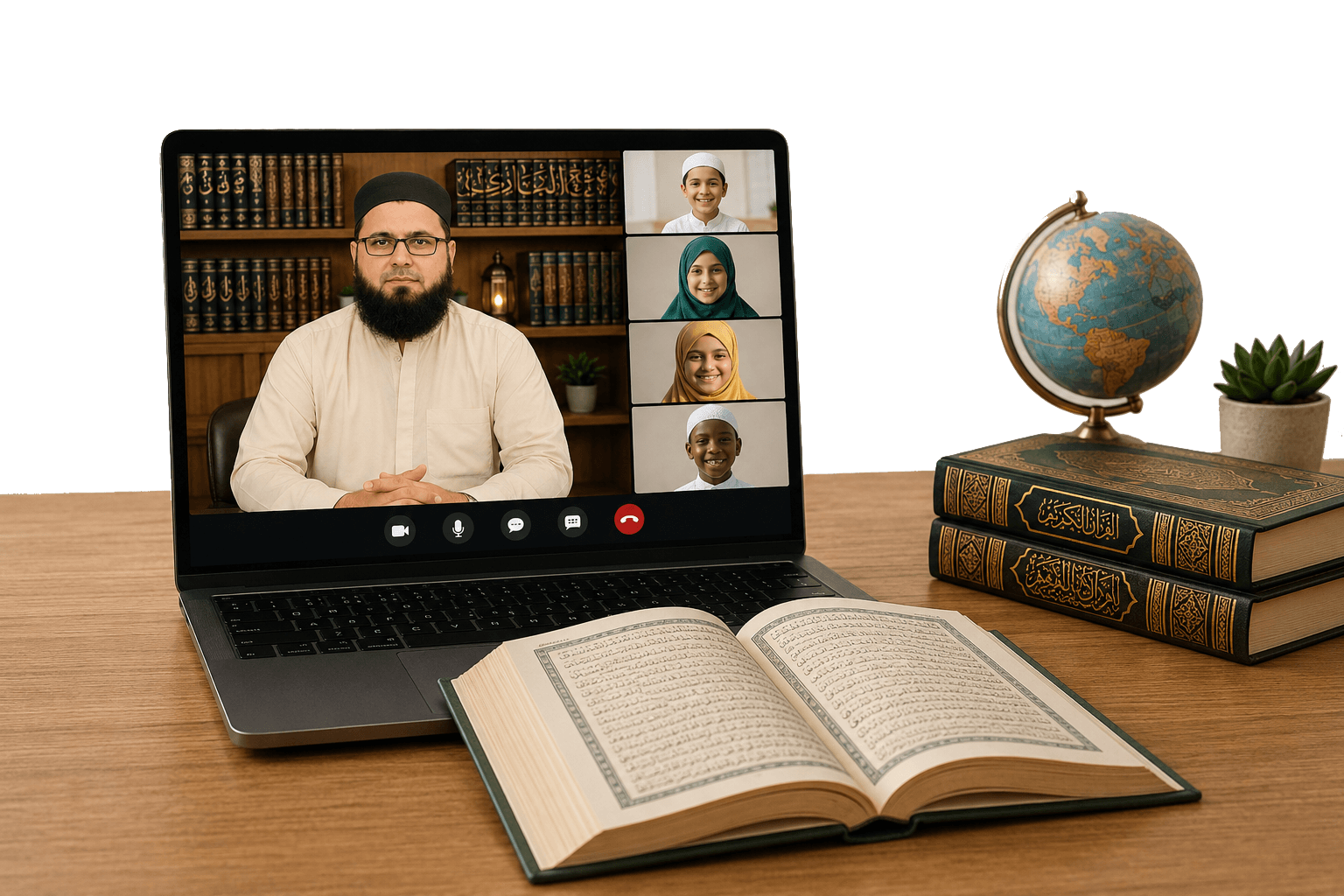 Online Quran class on a laptop with a teacher and students in a live video session, with a Quran on the desk.